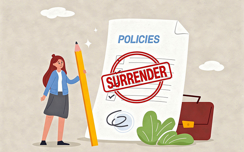 An illustration of a woman standing next to an insurance policy document