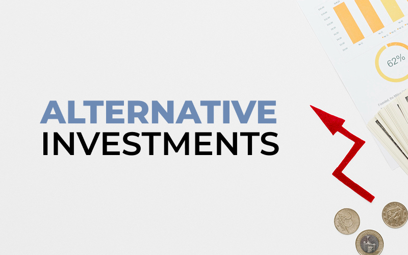 Financial charts and coins representing alternative investment returns.