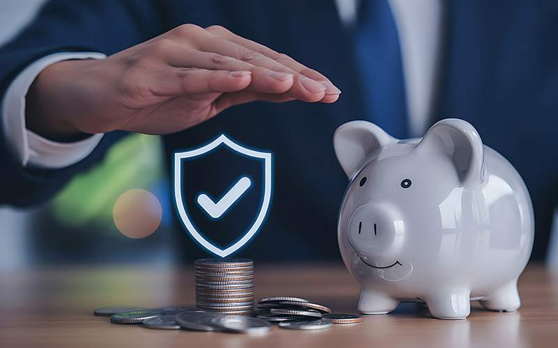 Professional hand protecting a piggy bank and coins for financial security.